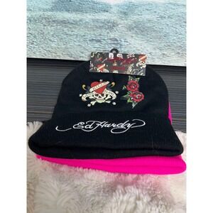 🎁Ed Hardy 2 Pack Beanies Black Pink Love Kills Slowly Rhinestone Hats